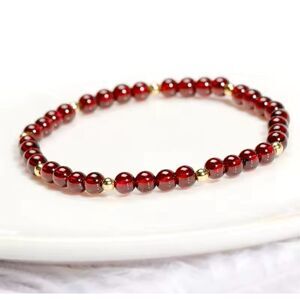 NWOT Natural Garnet Beads & 14k Gold-filled Elastic Beaded Bracelet Wine Red OS